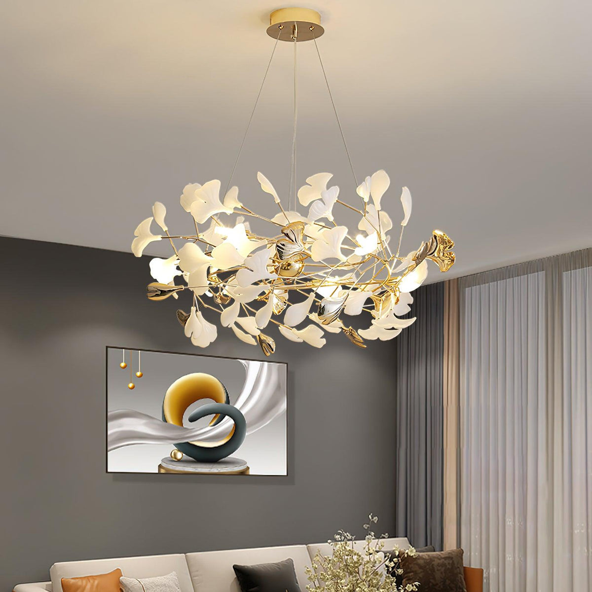 Quiven Kroonluchter Gingko Blad Keramiek Goud Elegant