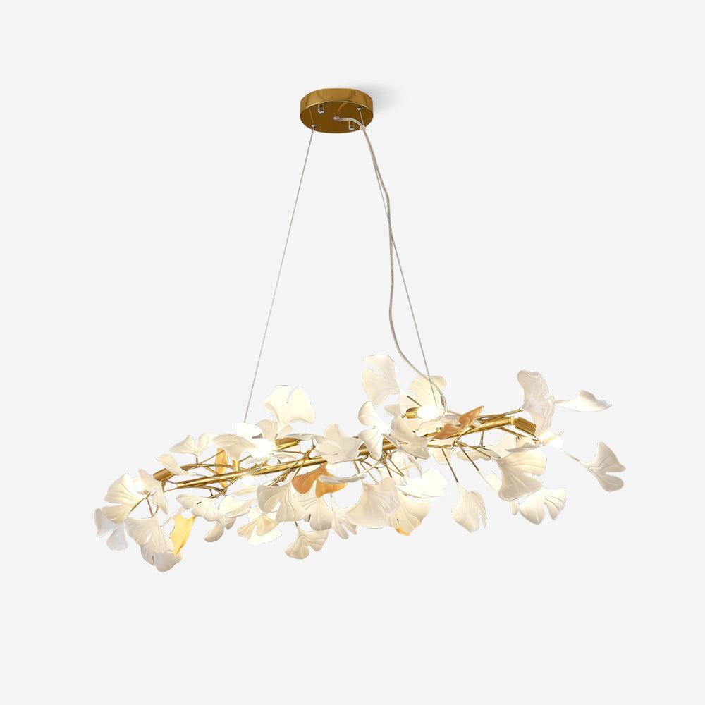 Moderne kroonluchter met metalen frame, keramische gingko-kap in witte goudkleurige afwerking
