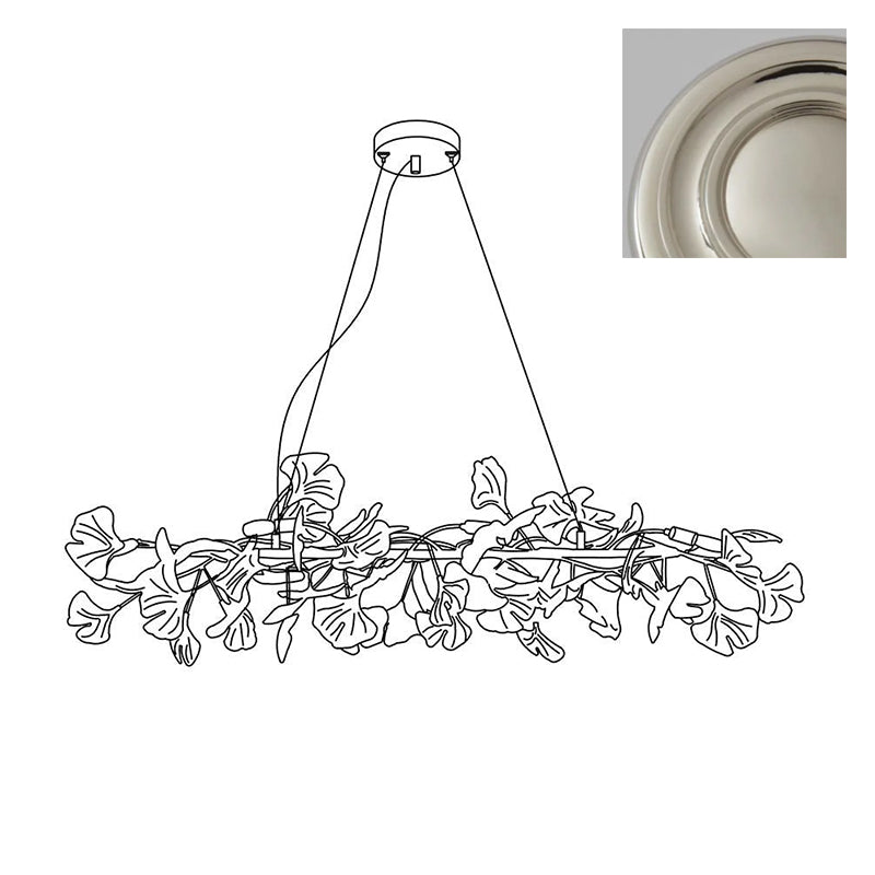 Moderne kroonluchter met metalen frame, keramische gingko-kap in witte goudkleurige afwerking