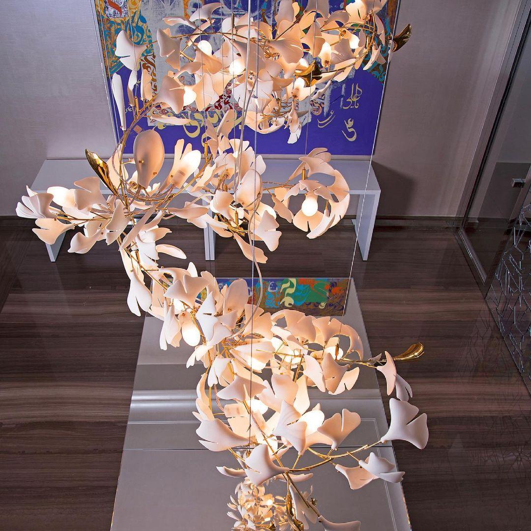 Calix Kroonluchter Frame Keramisch Gingko Bladkap Wit Goud Modern