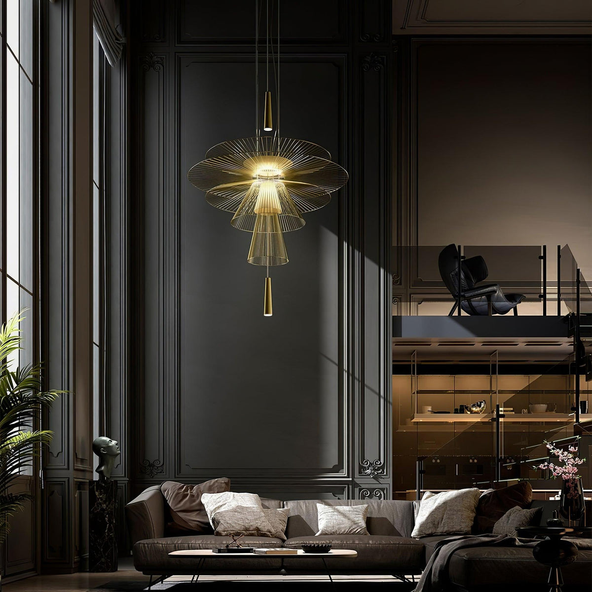 Moderne kroonluchter met sculpturale gelaagde draadframe en opvallend ontwerp