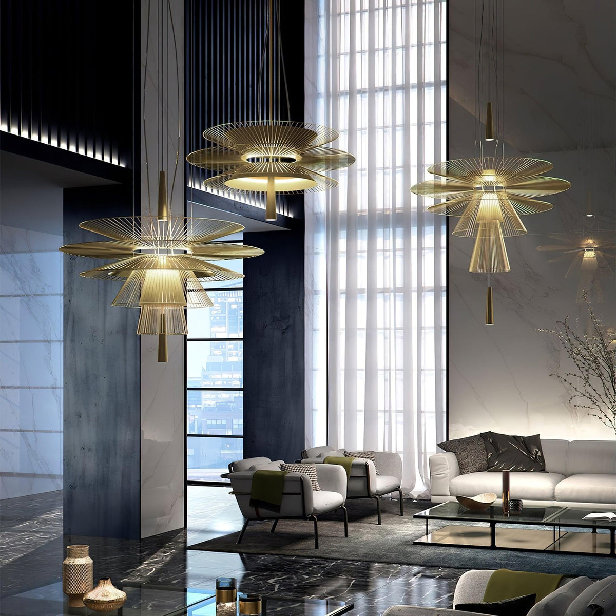 Moderne kroonluchter met sculpturale gelaagde draadframe en opvallend ontwerp