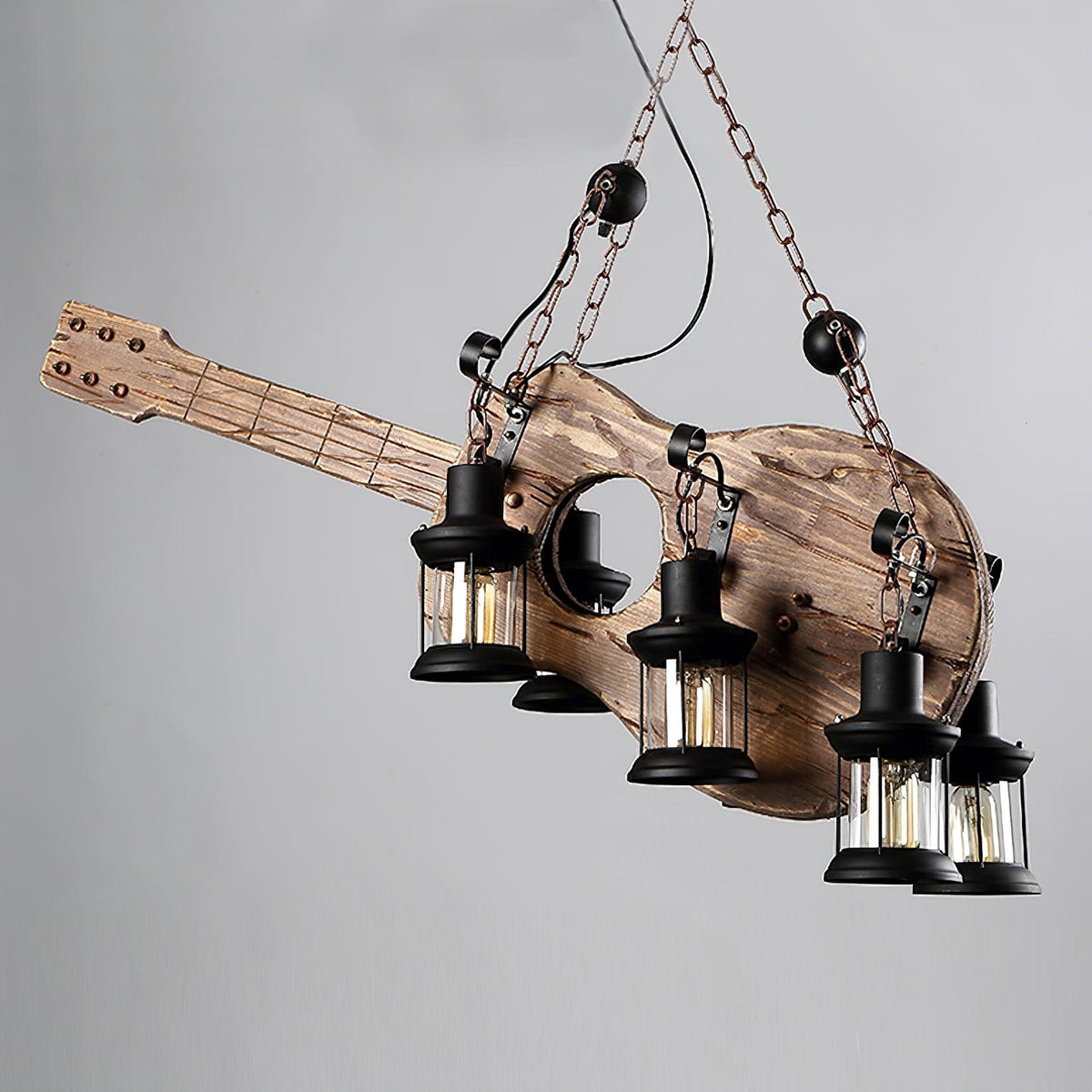 Elvisette hanglamp gitaarvorm rustiek walnoot hout vintage