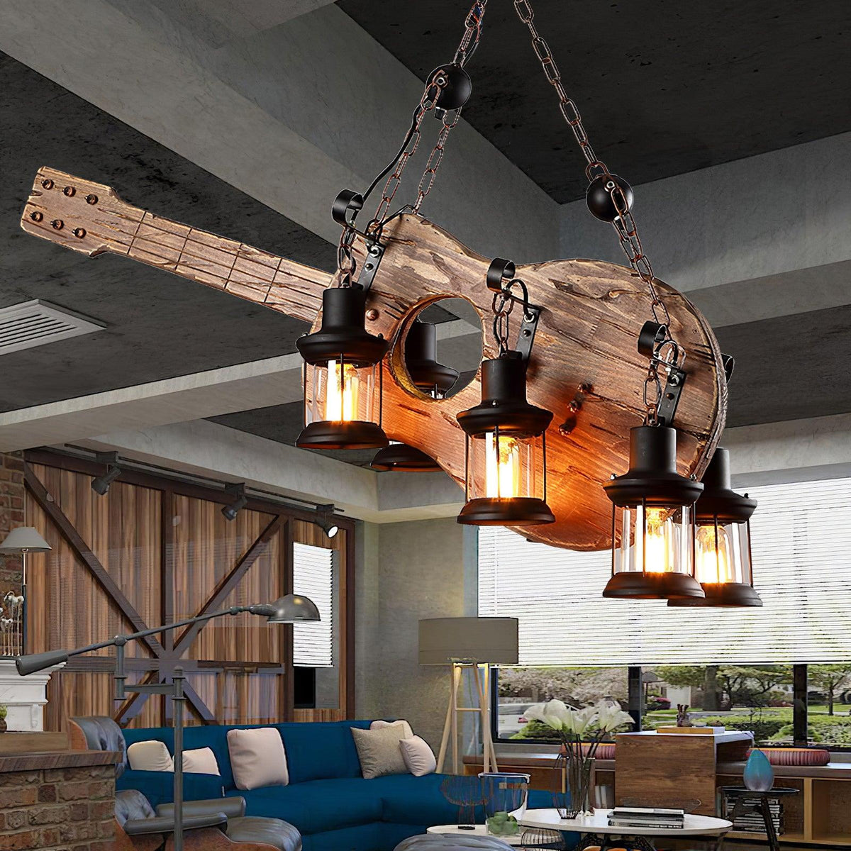 Elvisette hanglamp gitaarvorm rustiek walnoot hout vintage