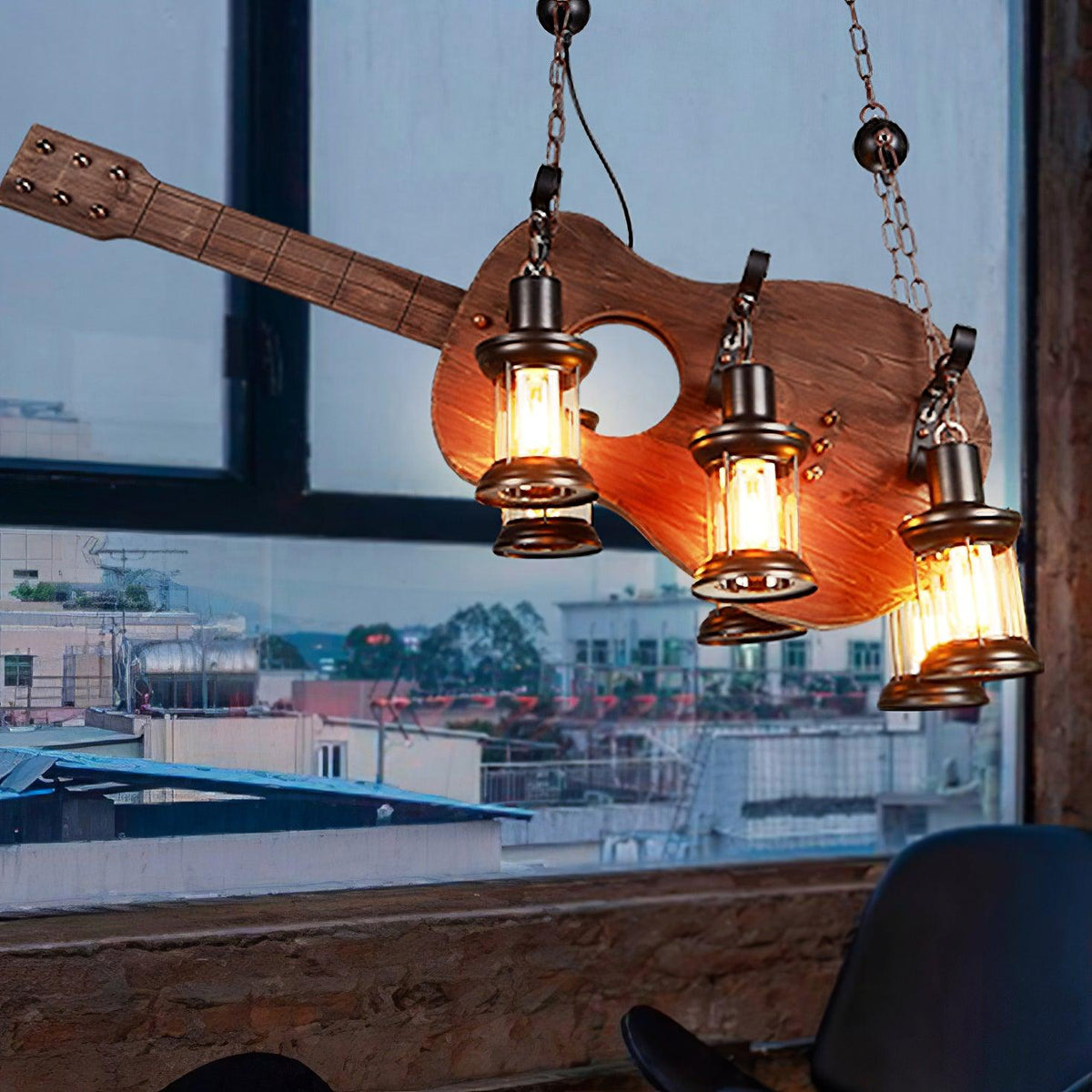 Elvisette hanglamp gitaarvorm rustiek walnoot hout vintage