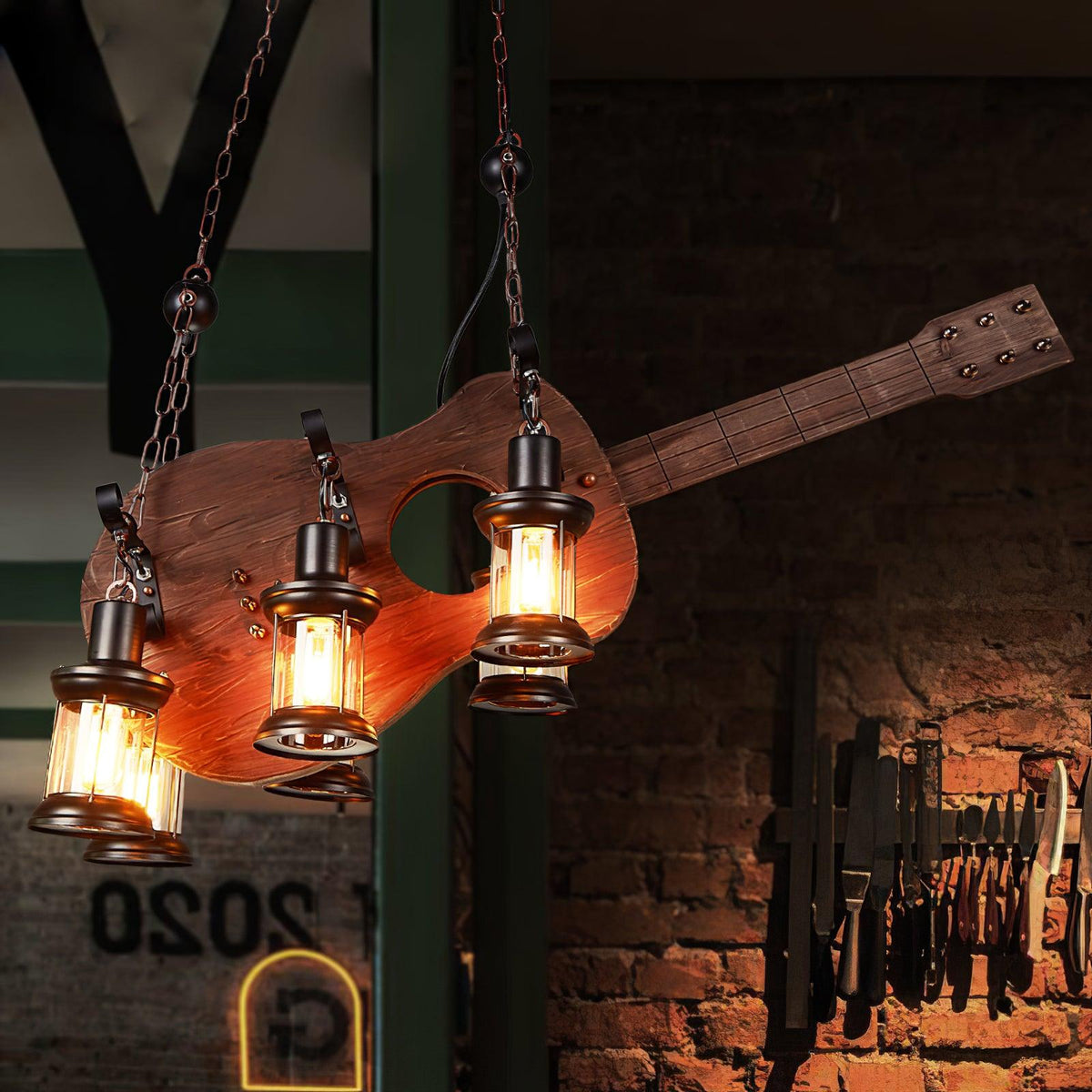 Elvisette hanglamp gitaarvorm rustiek walnoot hout vintage