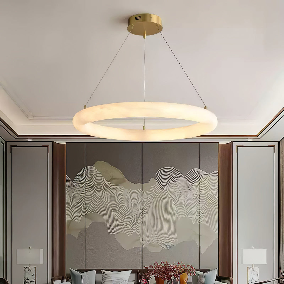 Erzorila ronde albasten hanglamp met goudkleurige accenten