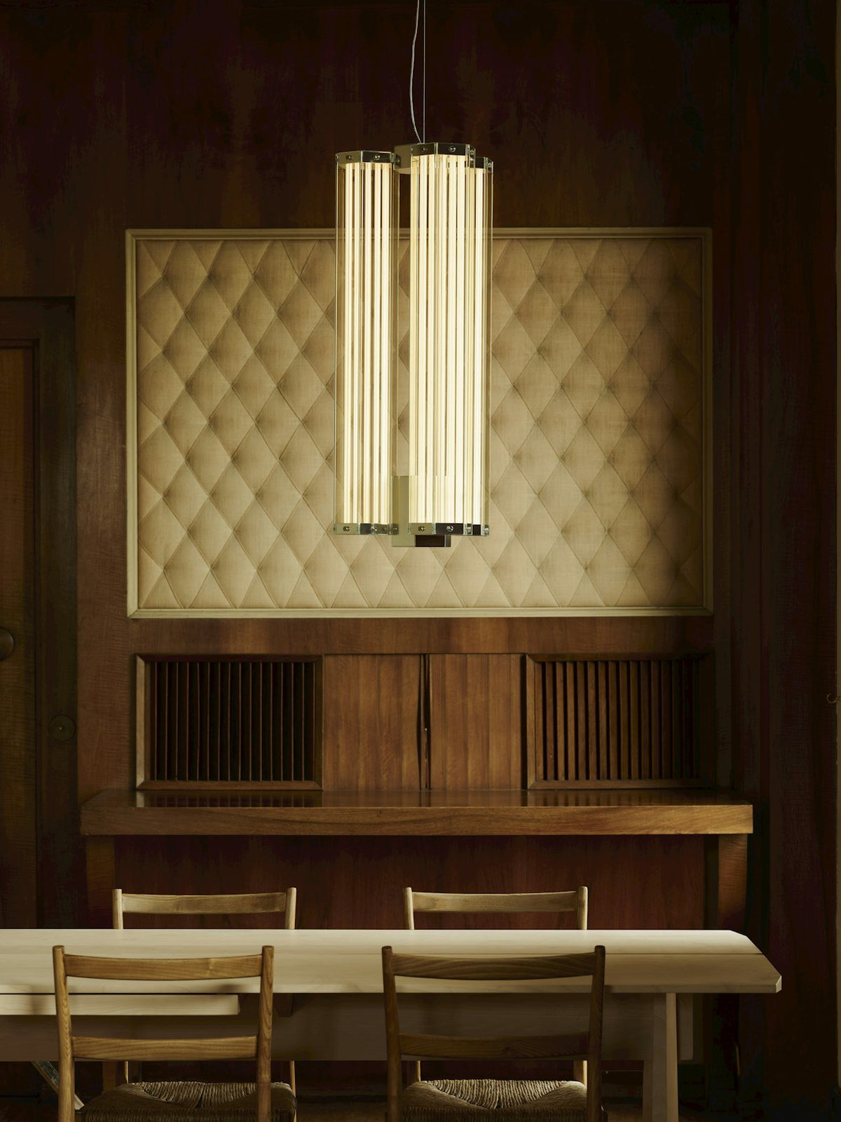 Hexagonal hanglamp van glas met chroomkader