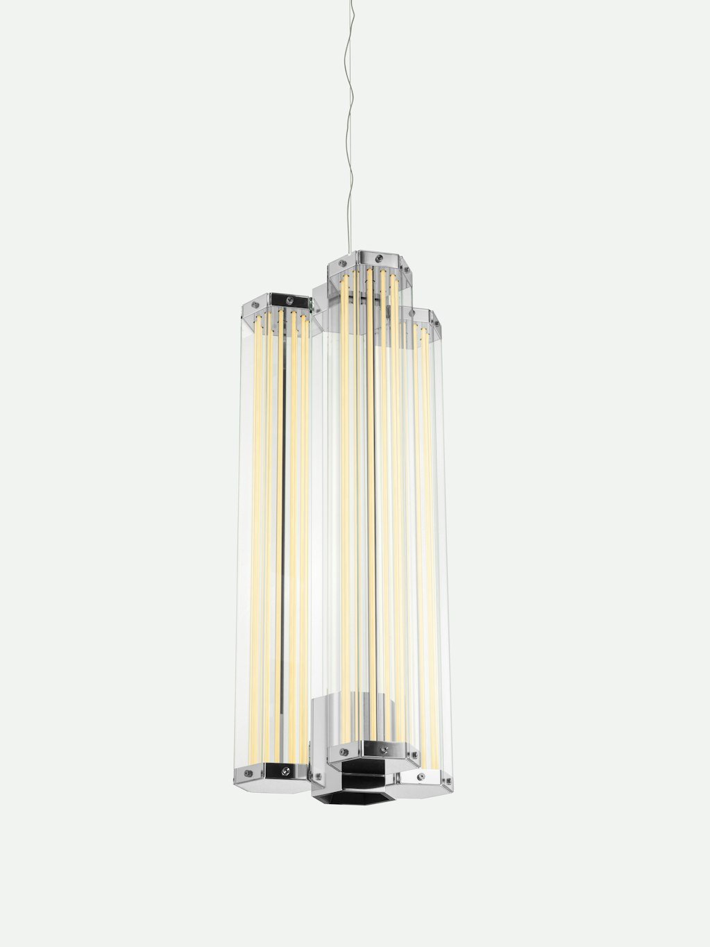 Hexagonal hanglamp van glas met chroomkader