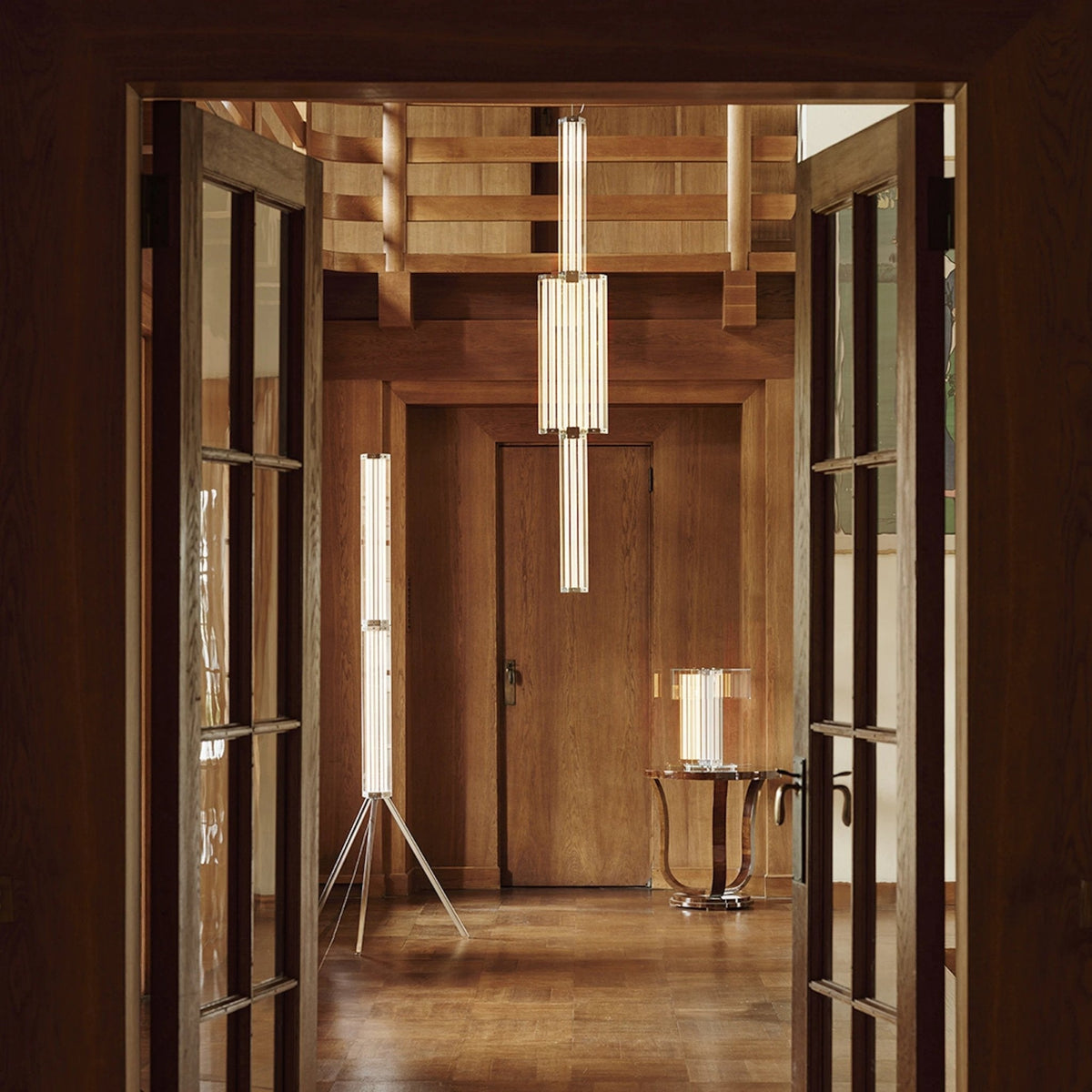 Hexagonal hanglamp van glas met chroomkader
