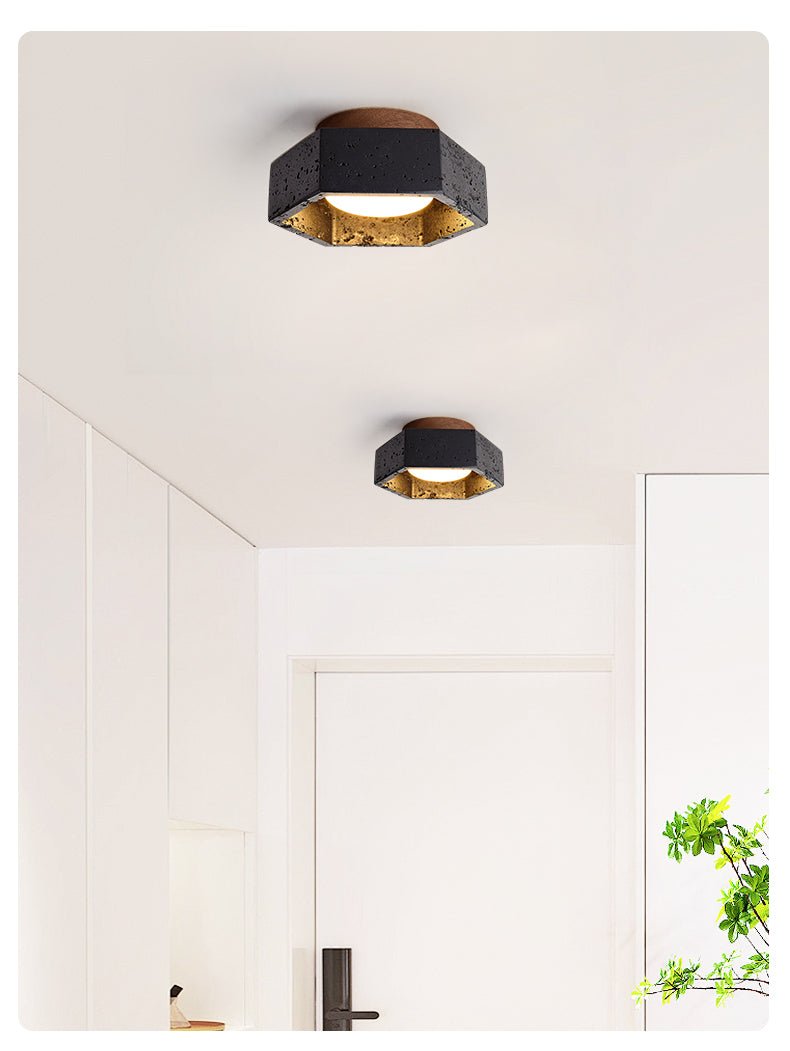 Hexara Zeshoekige plafondlamp van Zwart travertin