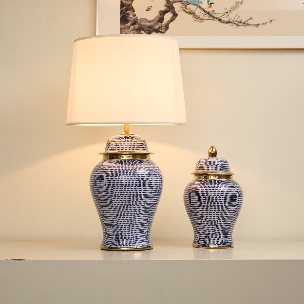 Indigo tafellamp met stippenpatroon in keramiek