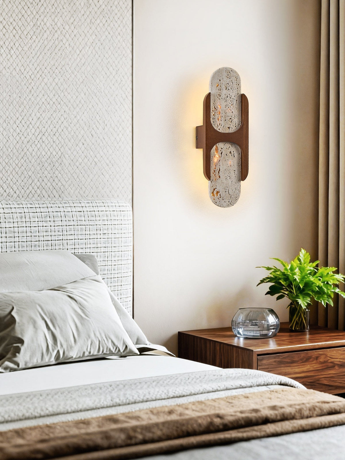 Valarise wandlamp met Geel travertin en Walnoot