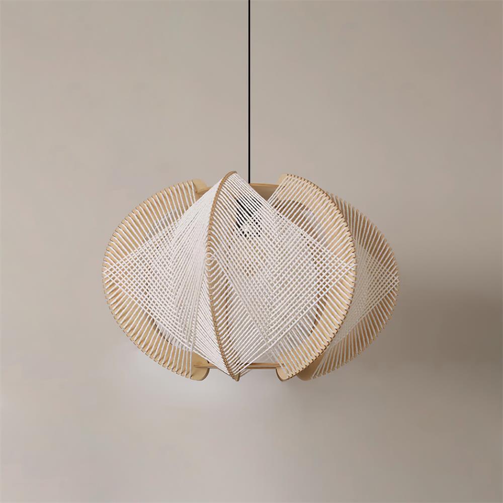 Vanto hanglamp met stoffen kap, houten frame en gedetailleerde draad