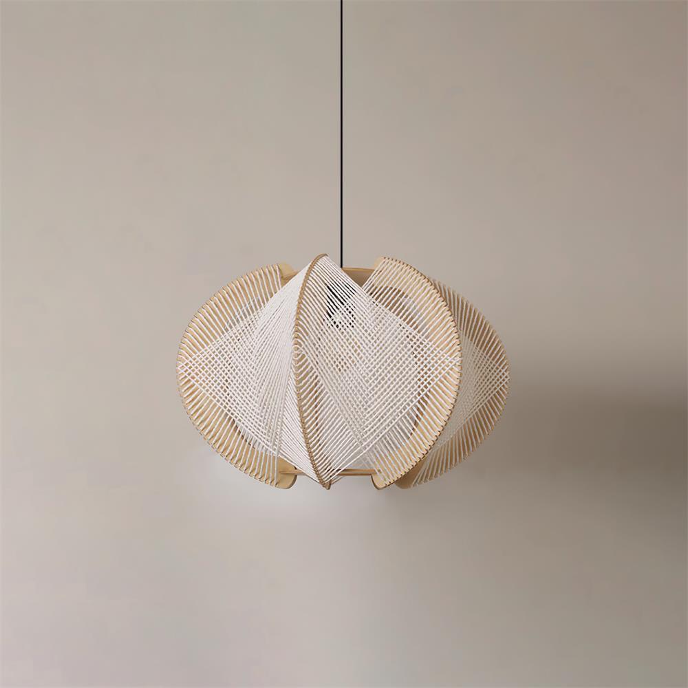 Vanto hanglamp met stoffen kap, houten frame en gedetailleerde draad