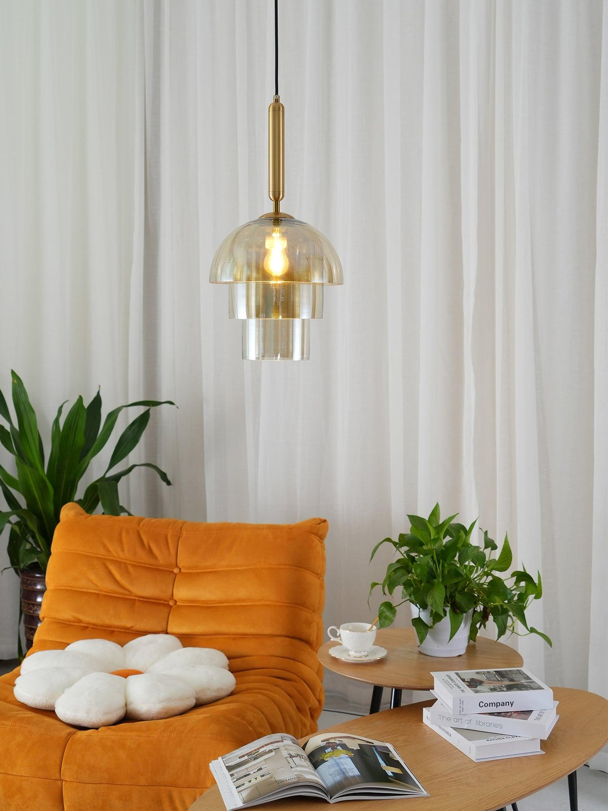Renley hanglamp glazen kap cognac messing mid-century