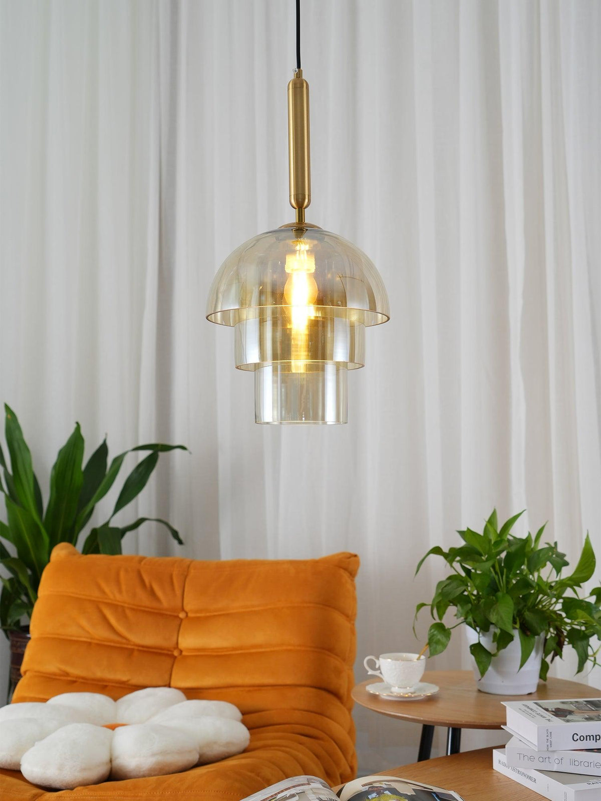 Renley hanglamp glazen kap cognac messing mid-century