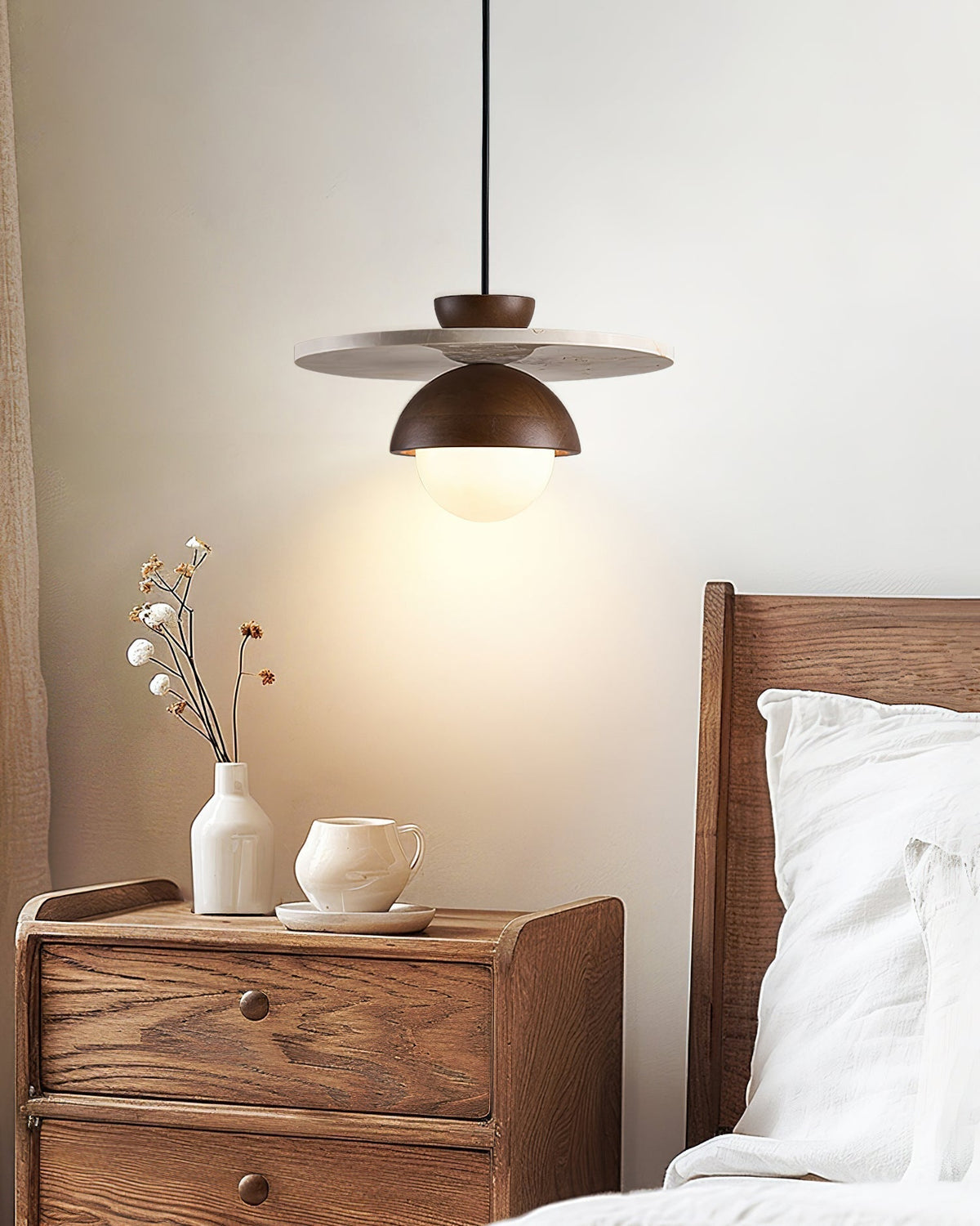 Calvion hanglamp travertin hout glas bol