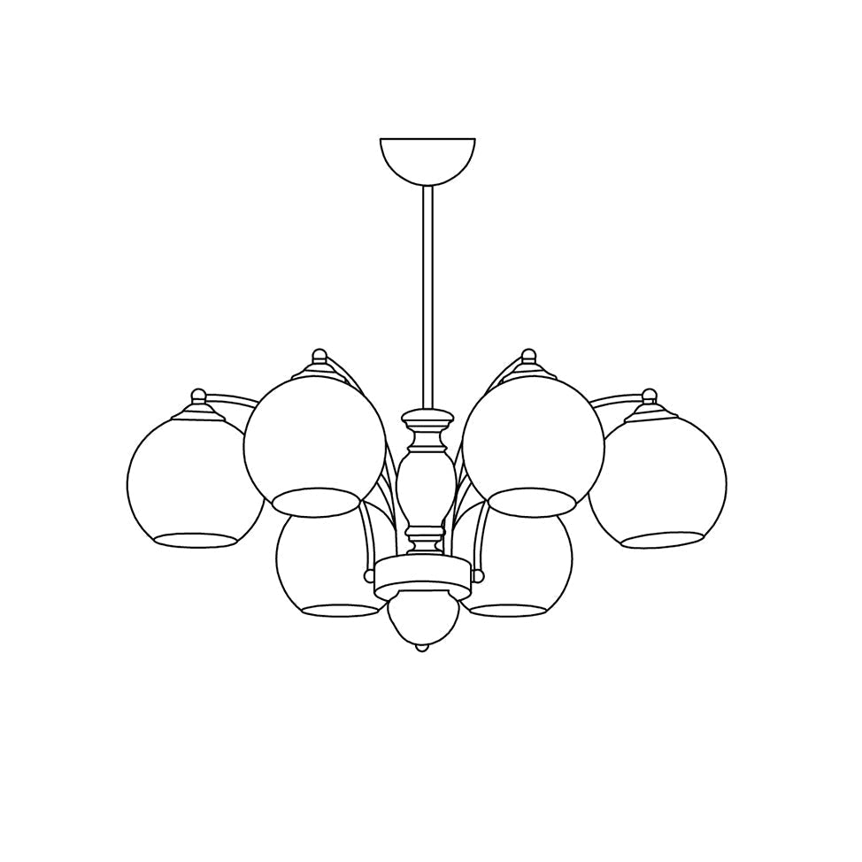Kroonluchter met glazen kap, metalen frame en houten accenten, mid-century calm stijl
