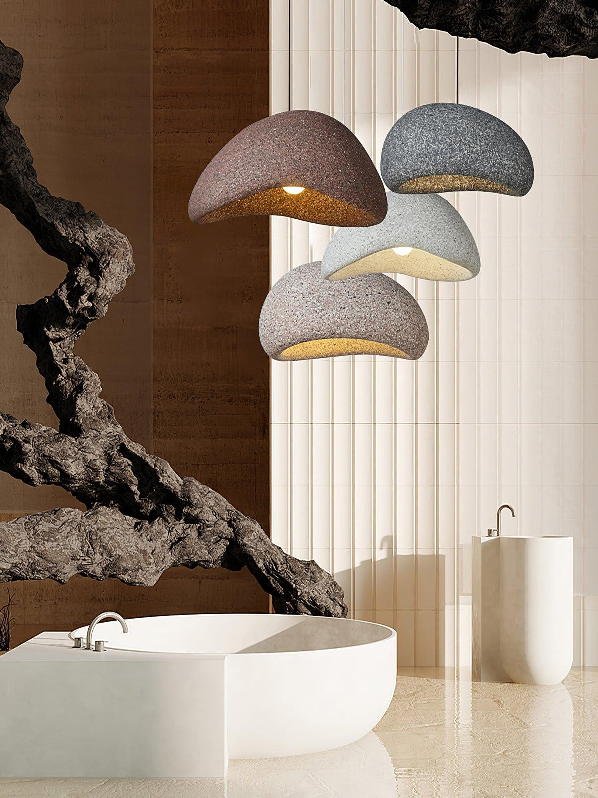 Tsukiyo Wabi-Sabi hanglamp met onregelmatige gebogen kap en gespikkelde textuur