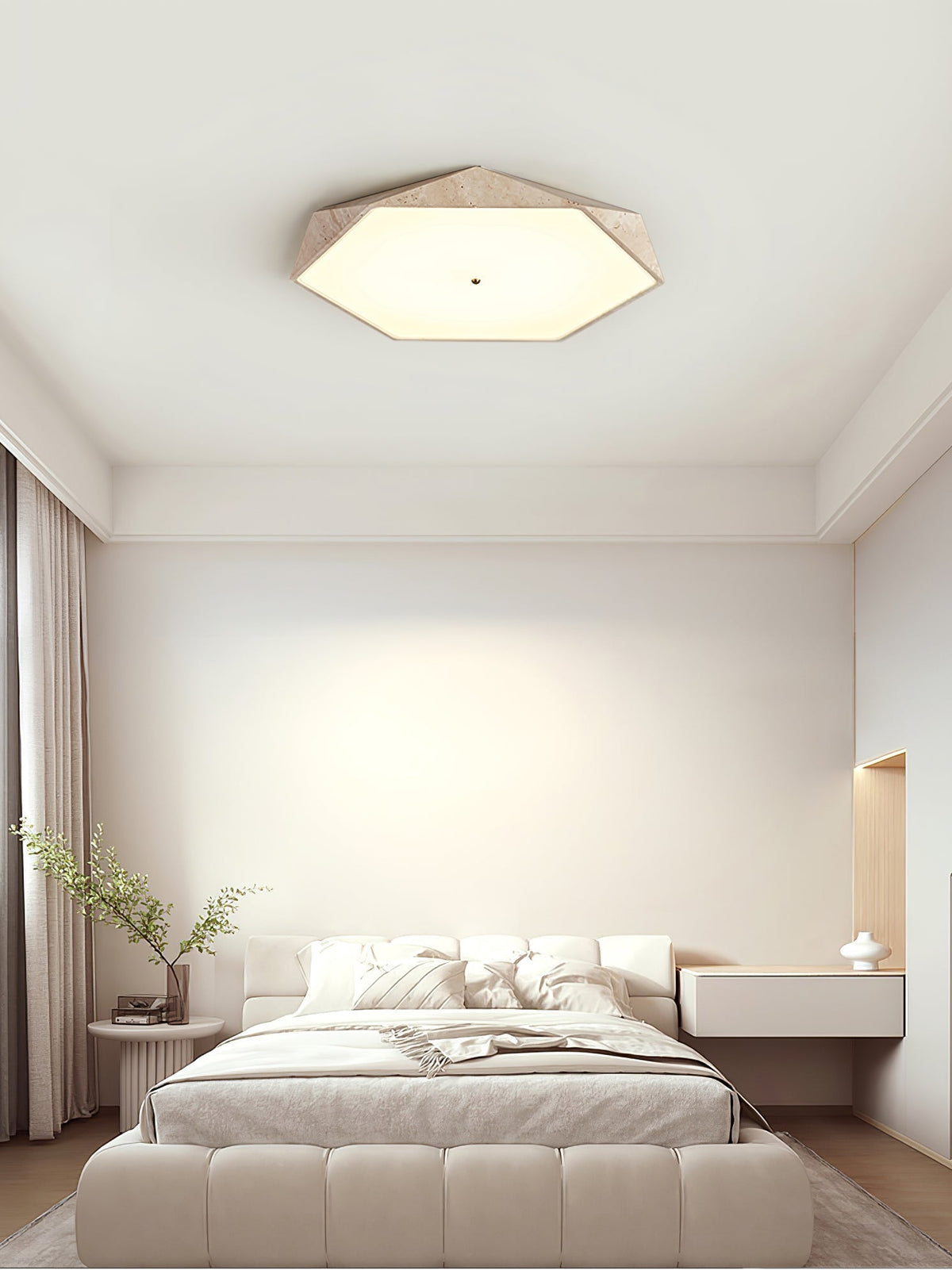 Hexagonale plafondlamp in geel travertin