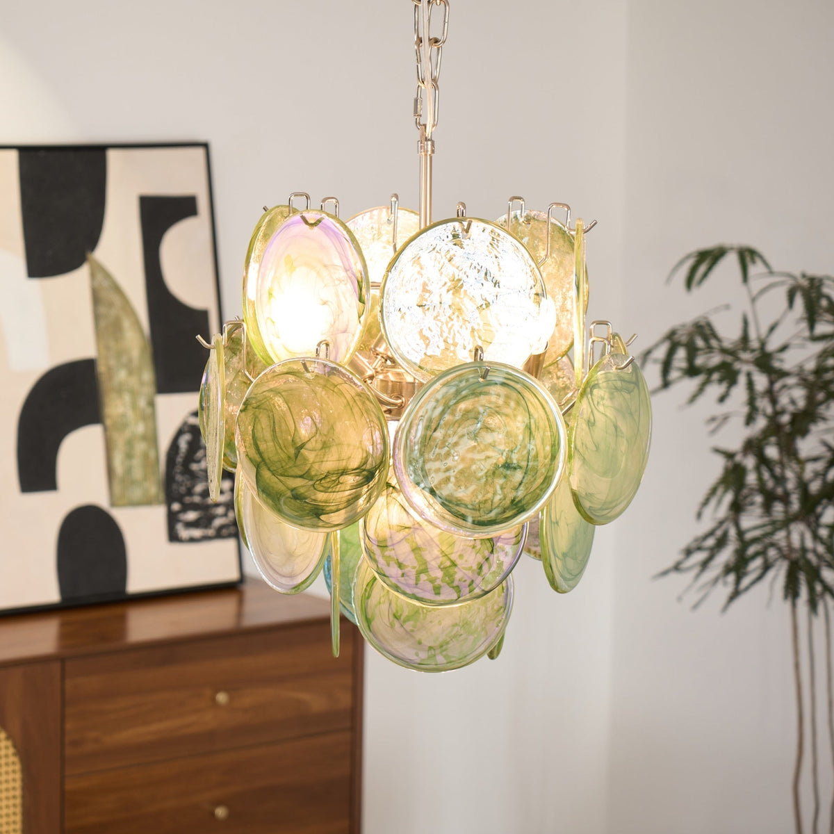 Teriinelle kroonluchter met meelagen Murano-disc kunstwerk in meerdere kleuren