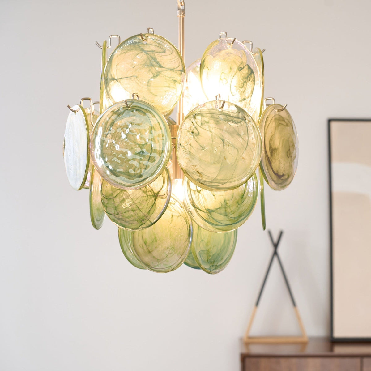 Teriinelle kroonluchter met meelagen Murano-disc kunstwerk in meerdere kleuren