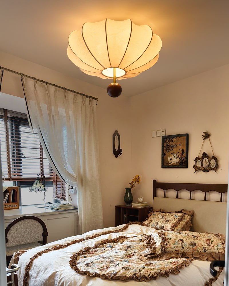 Rinelora plafondlamp van walnoothout en beige stof