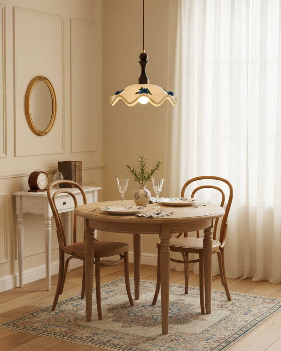 Seleaine hanglamp van walnoot met beige golfvormige stoffen kap en blauwe bloemmotieven