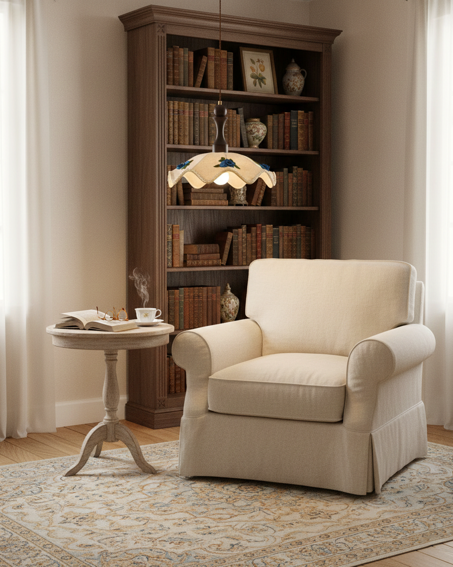 Seleaine hanglamp van walnoot met beige golfvormige stoffen kap en blauwe bloemmotieven