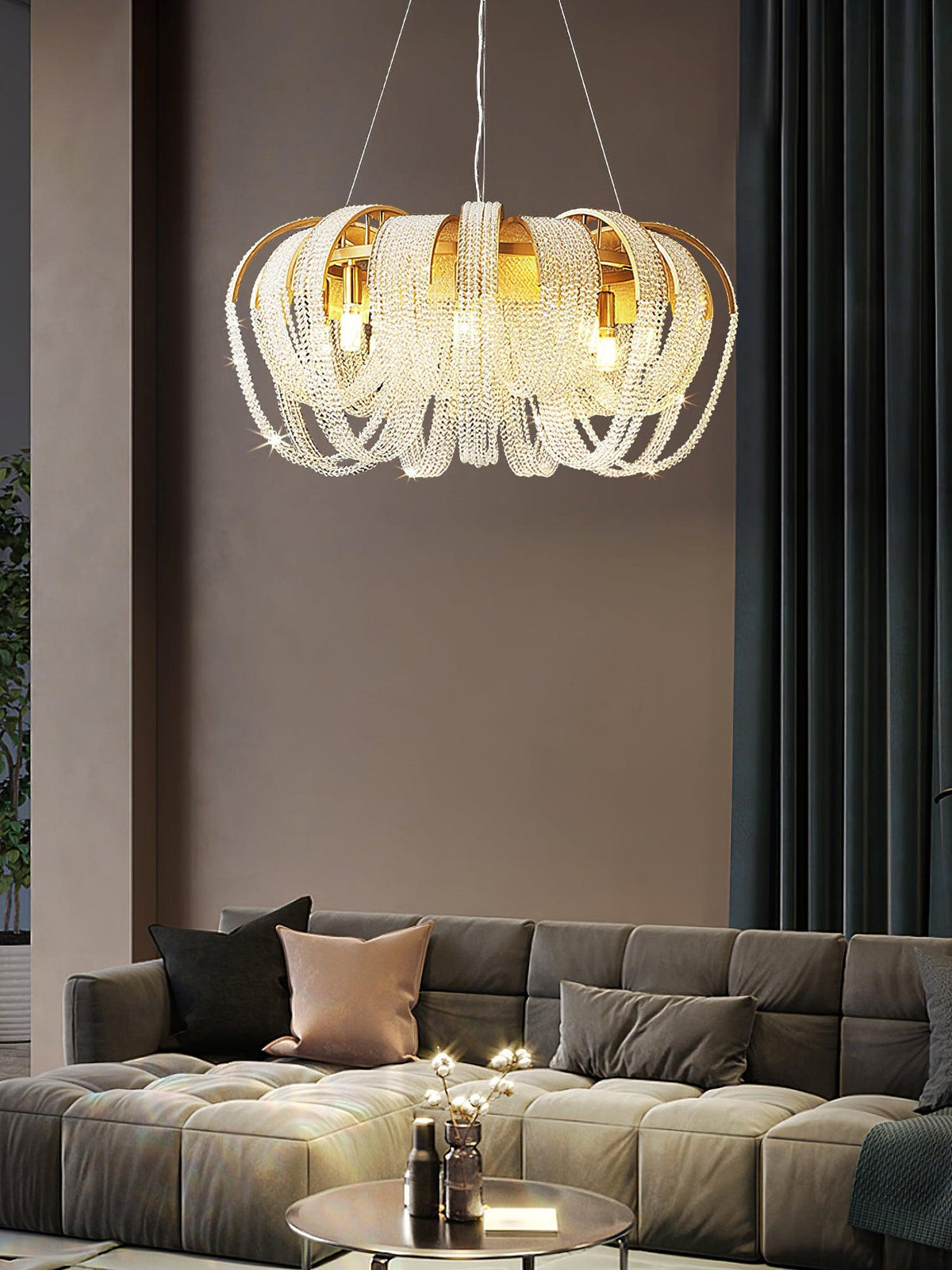 Siv kroonluchter met mesh kristal en gouden waterval-effect