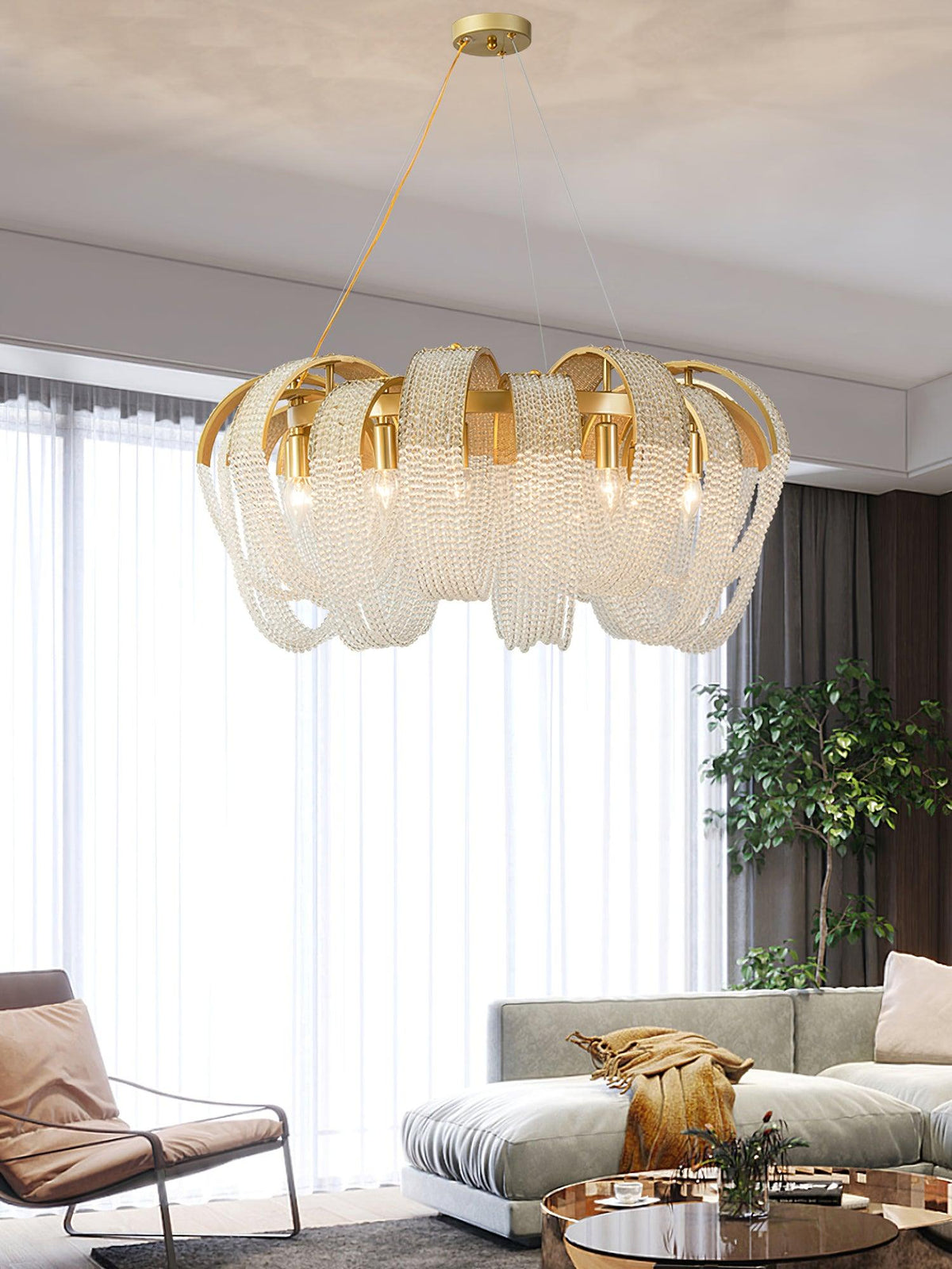Siv kroonluchter met mesh kristal en gouden waterval-effect
