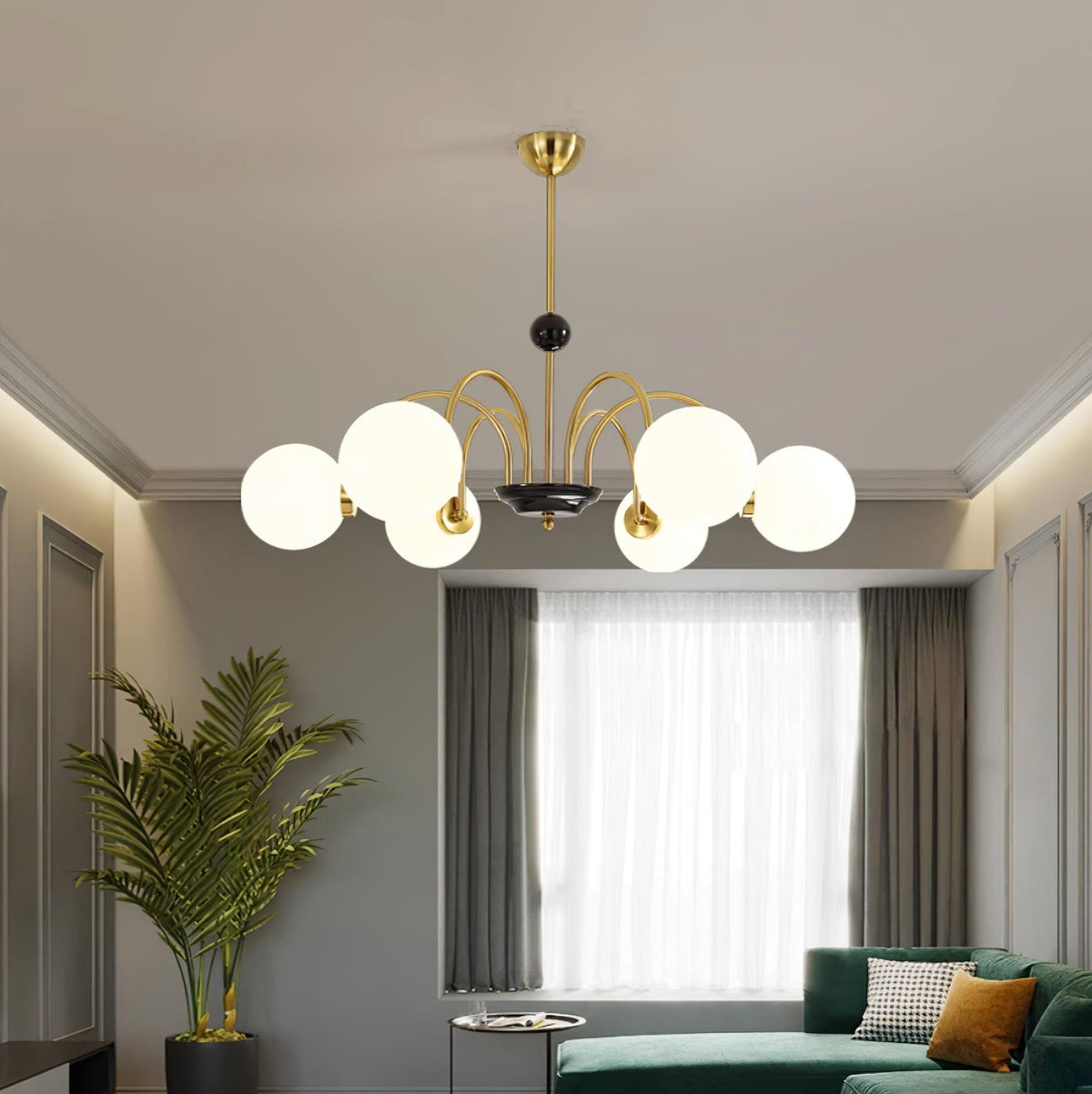 Moderne kroonluchter met gebogen armen en bolvormige kapjes, retro stijl voor eetkamer