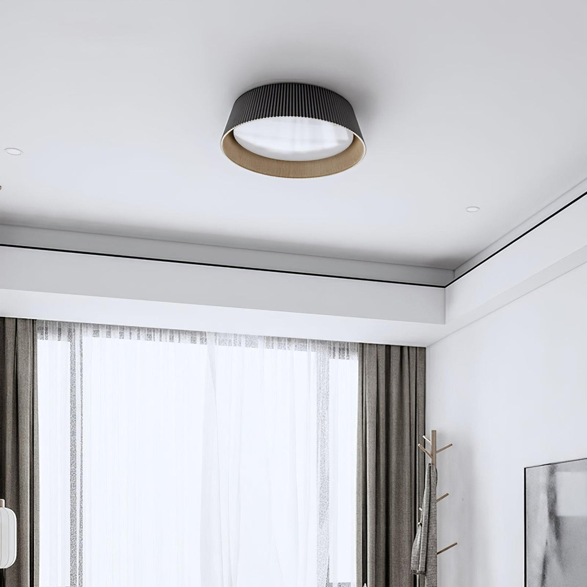 Rineia plafondlamp geribbelde trommelvorm hout elegant hedendaags