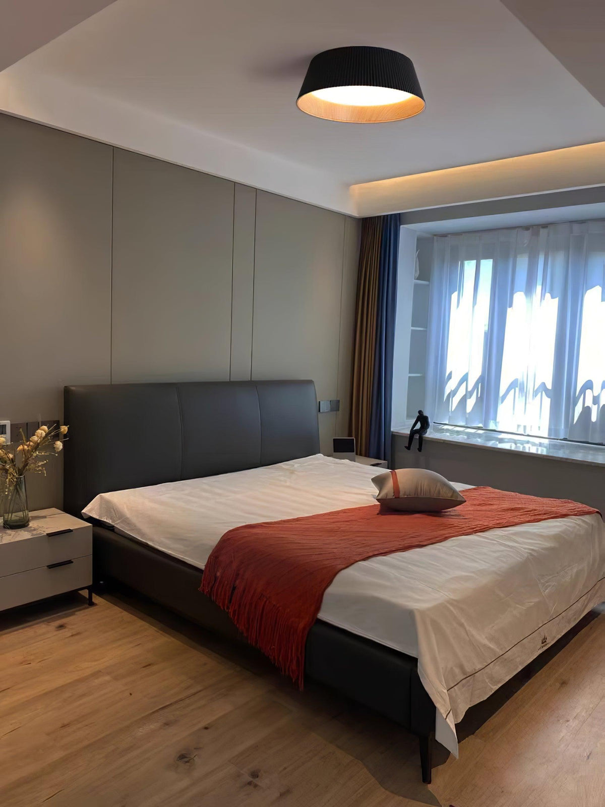 Rineia plafondlamp geribbelde trommelvorm hout elegant hedendaags