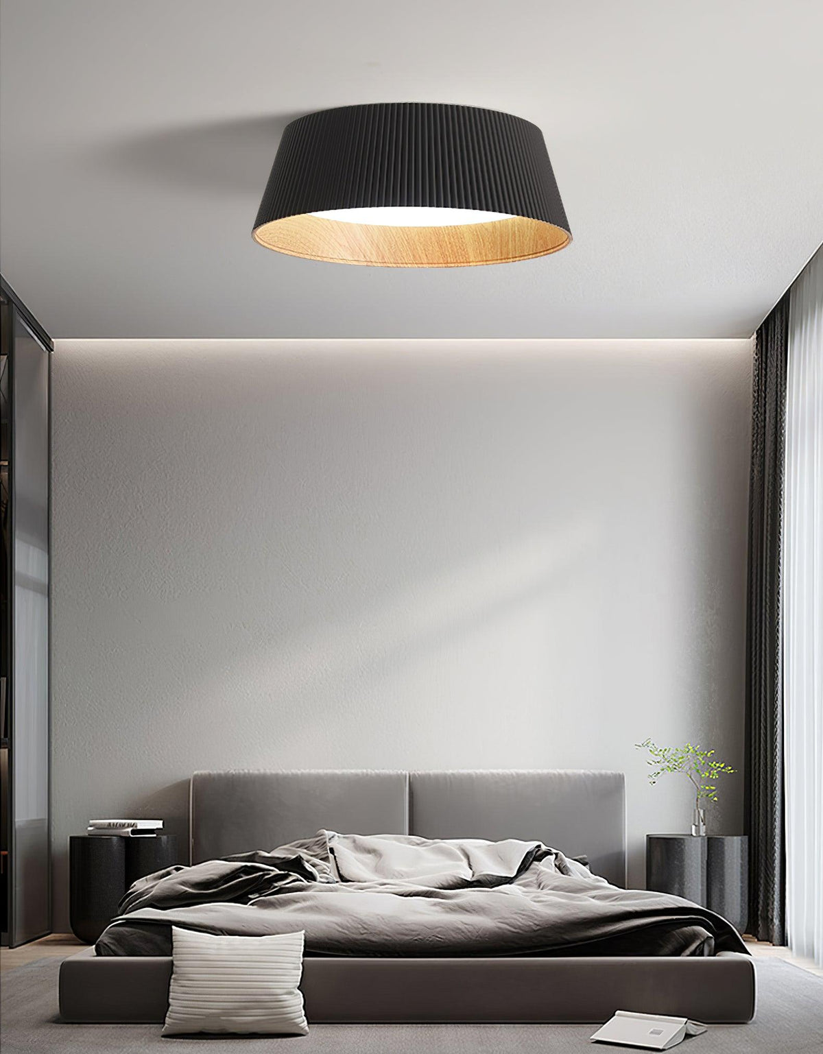 Rineia plafondlamp geribbelde trommelvorm hout elegant hedendaags