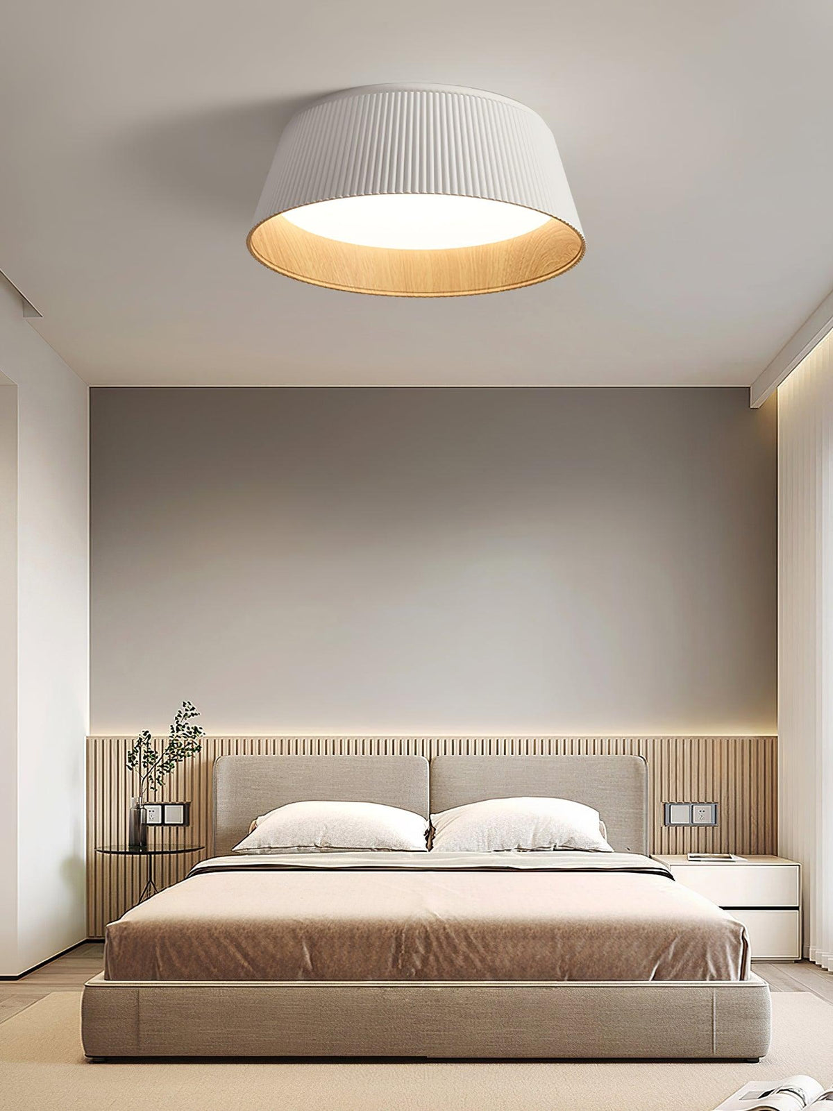 Rineia plafondlamp geribbelde trommelvorm hout elegant hedendaags