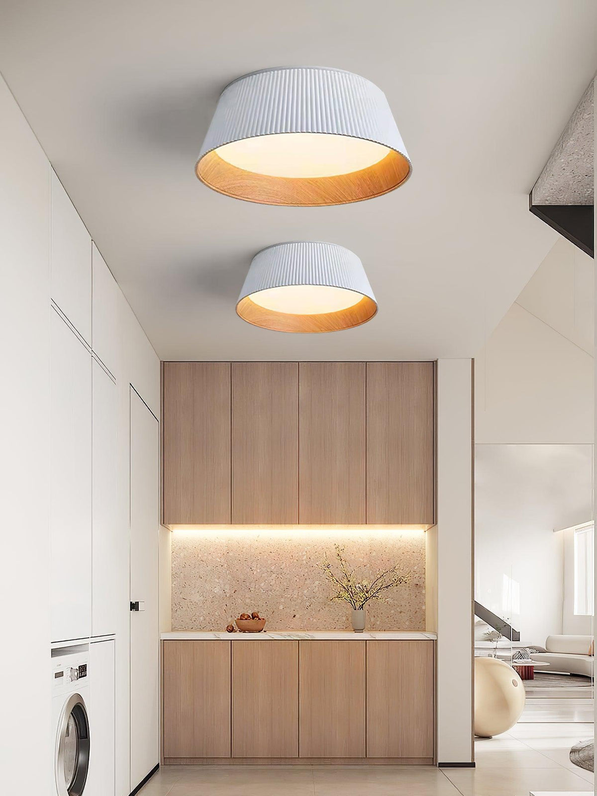 Rineia plafondlamp geribbelde trommelvorm hout elegant hedendaags