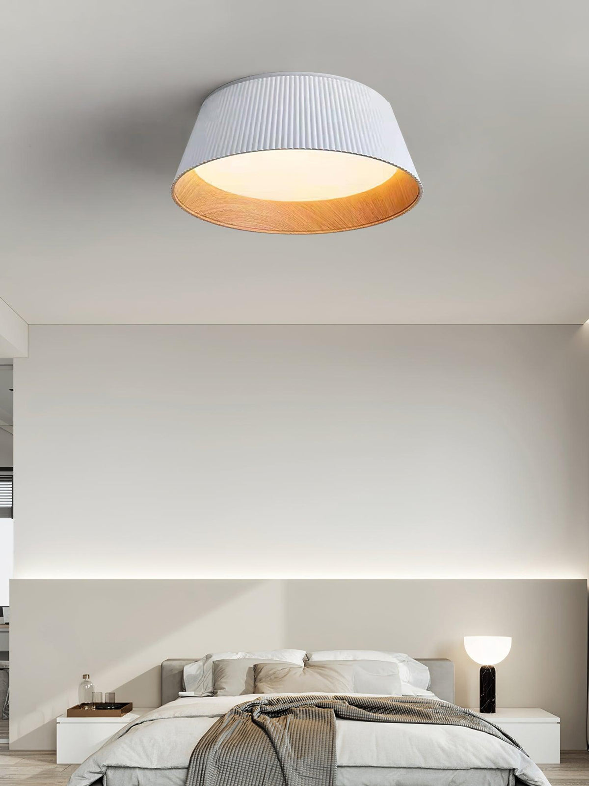 Rineia plafondlamp geribbelde trommelvorm hout elegant hedendaags