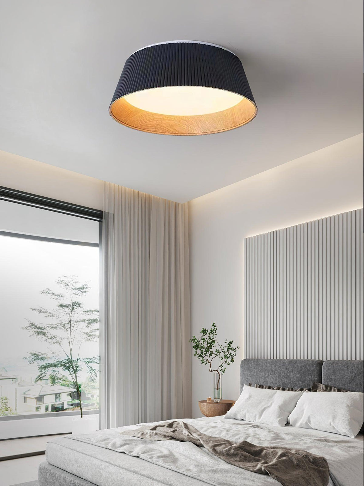 Rineia plafondlamp geribbelde trommelvorm hout elegant hedendaags