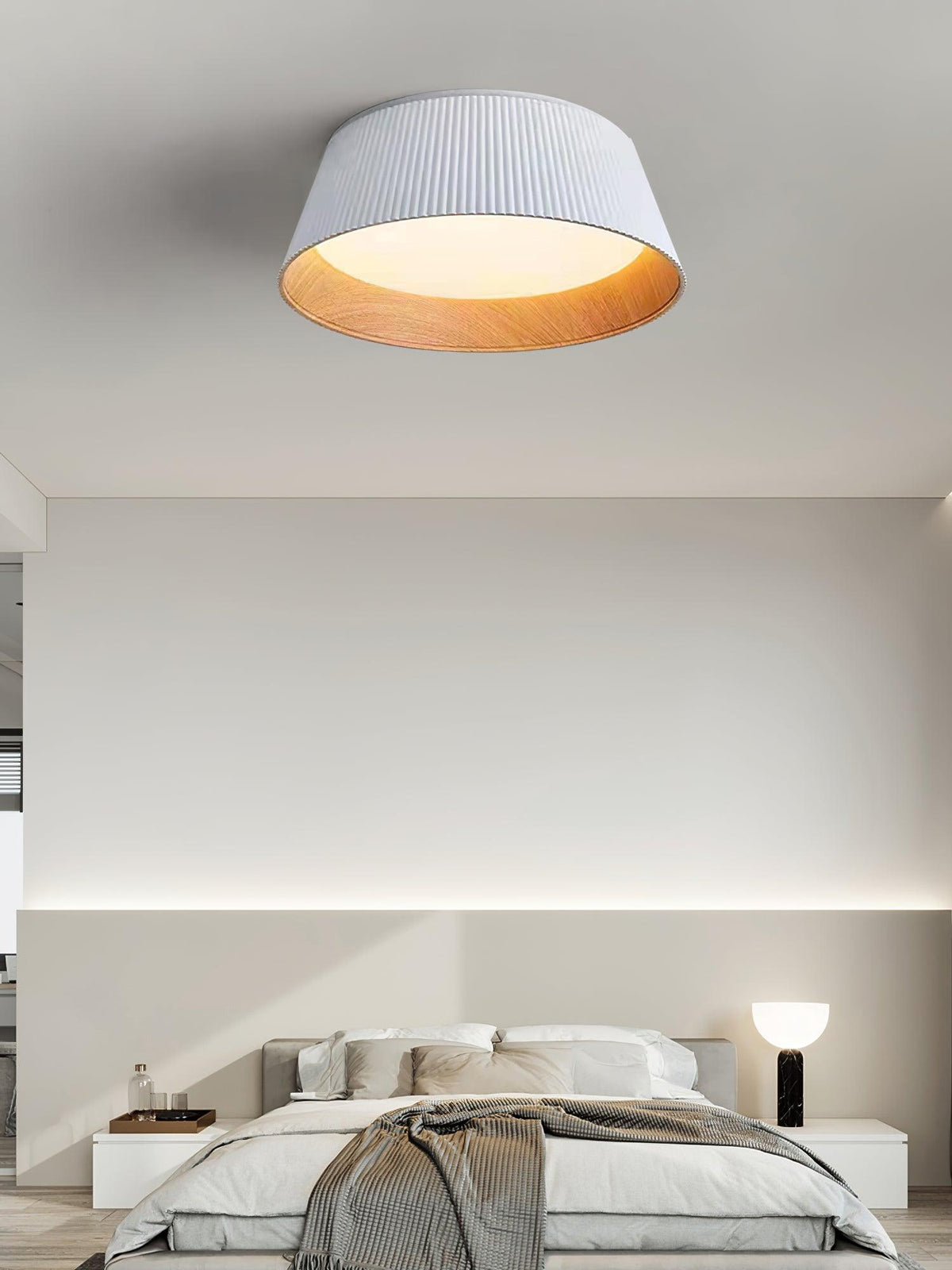 Rineia plafondlamp geribbelde trommelvorm hout elegant hedendaags