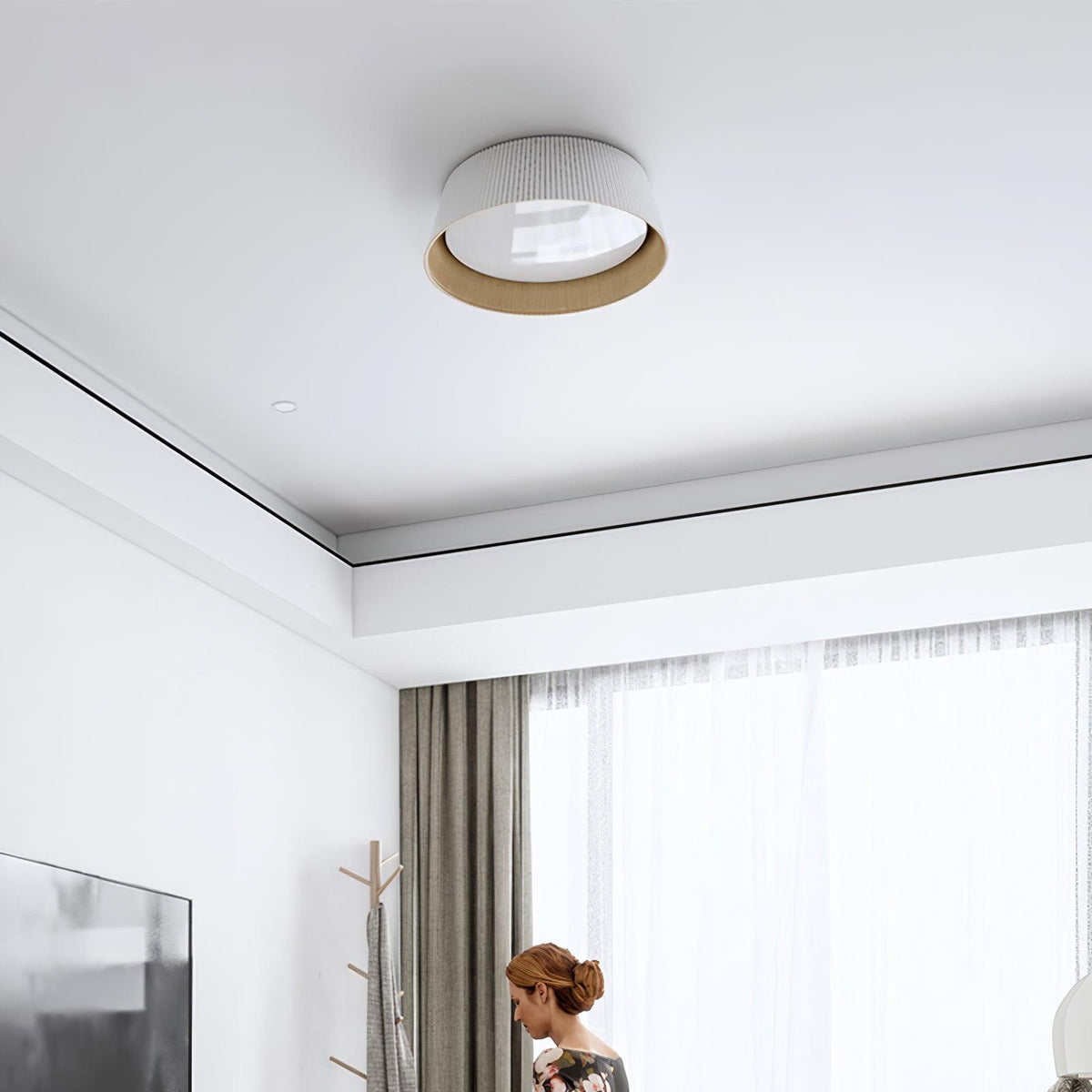 Rineia plafondlamp geribbelde trommelvorm hout elegant hedendaags