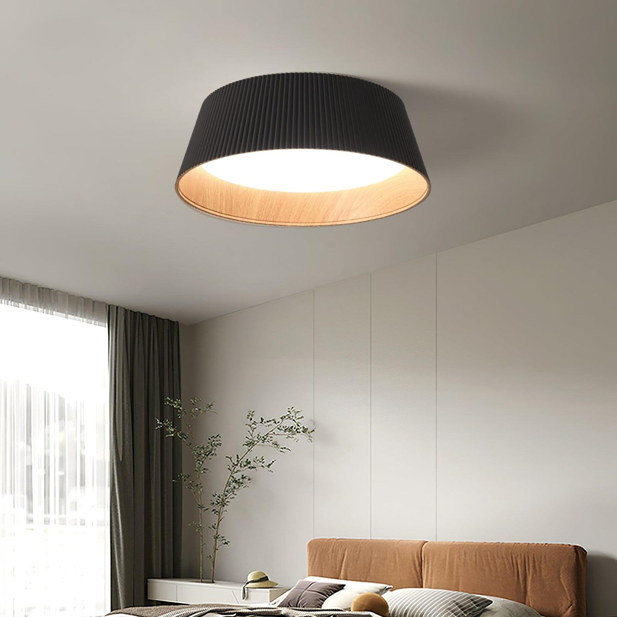 Rineia plafondlamp geribbelde trommelvorm hout elegant hedendaags