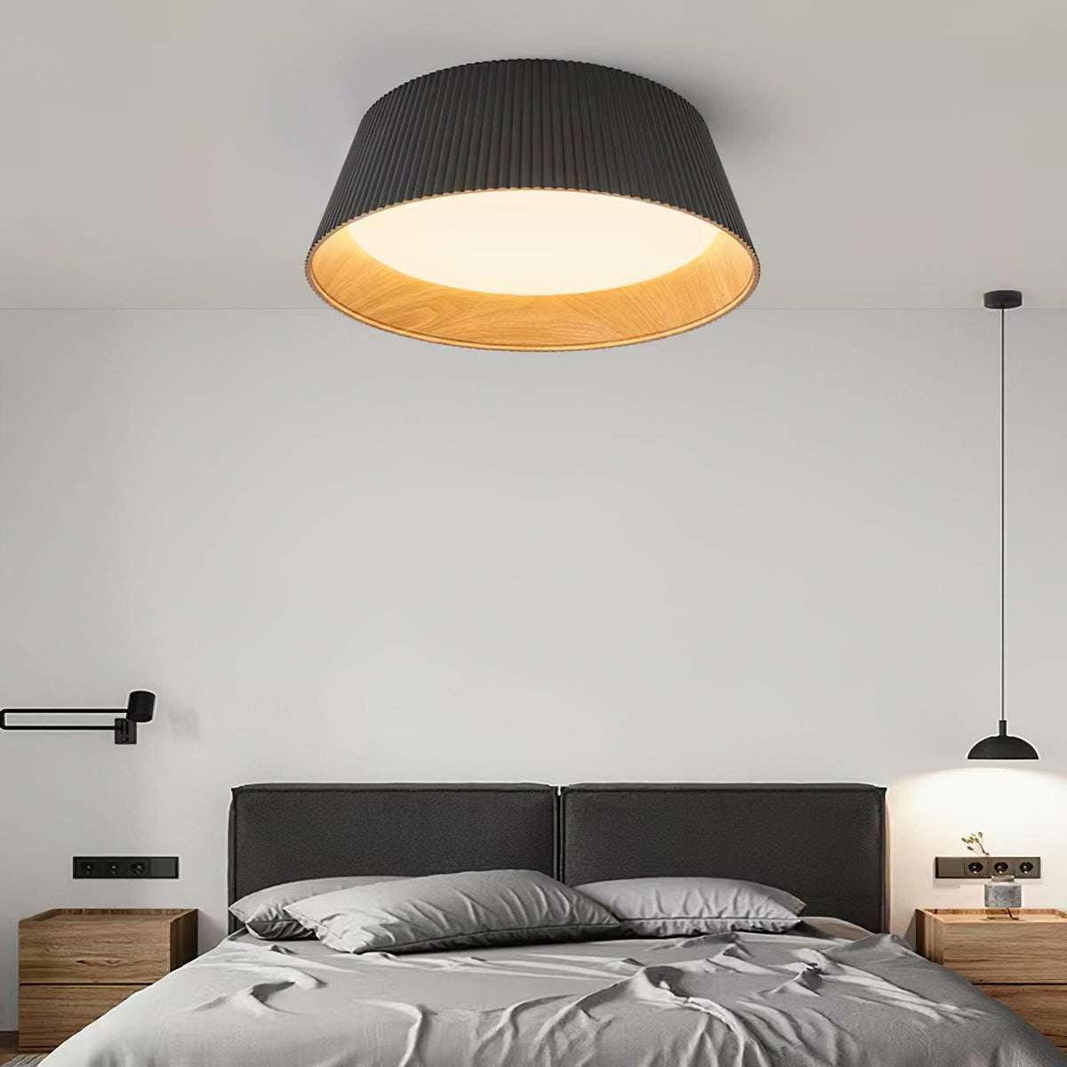 Rineia plafondlamp geribbelde trommelvorm hout elegant hedendaags