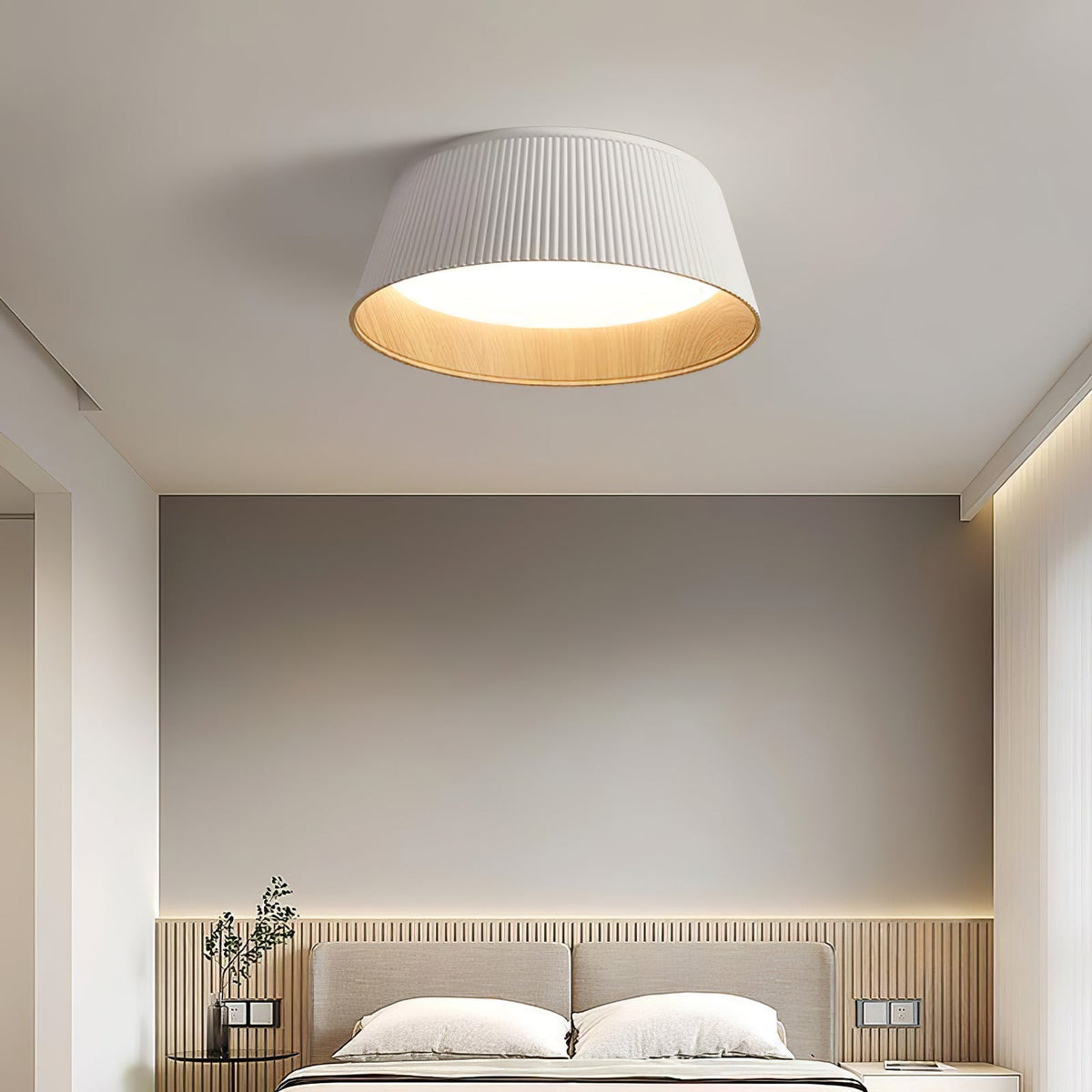 Rineia plafondlamp geribbelde trommelvorm hout elegant hedendaags