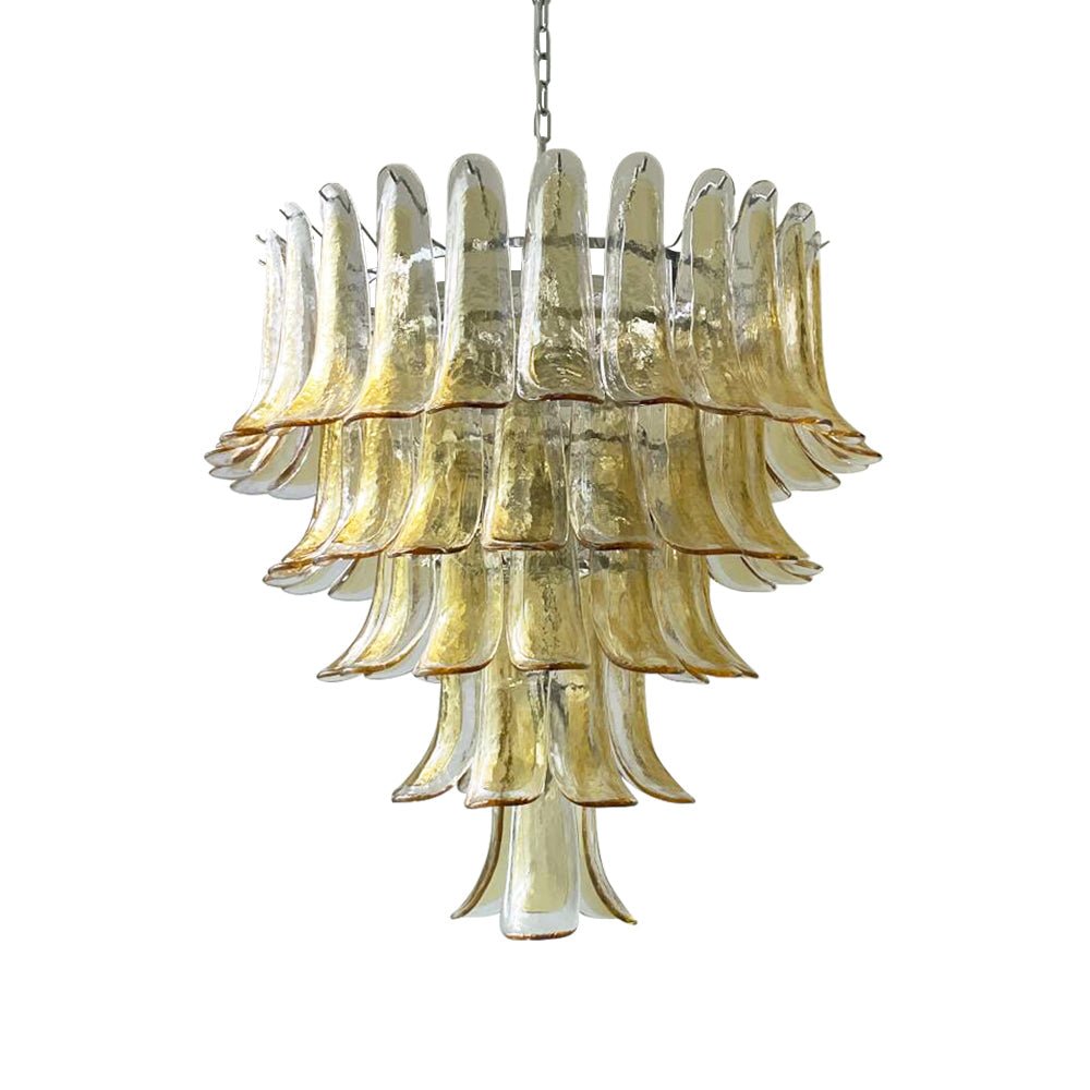Celorian kroonluchter met amberkleurige Murano-glasbloemblaadjes in gelaagde lotusbloemen met bloemblaadjes