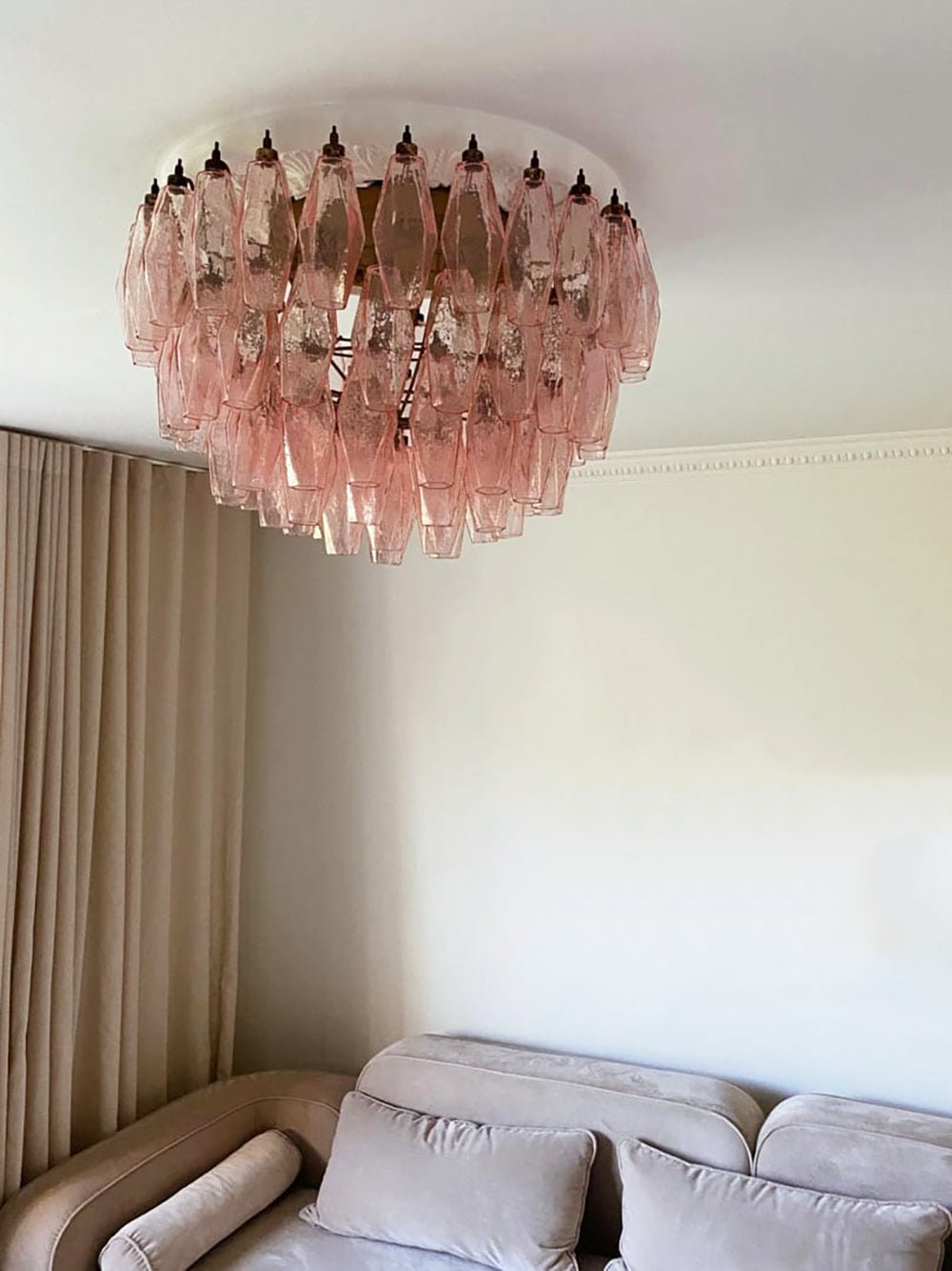 Evix plafondlamp van glas roze rhombusglas gelaagd vintage elegantie