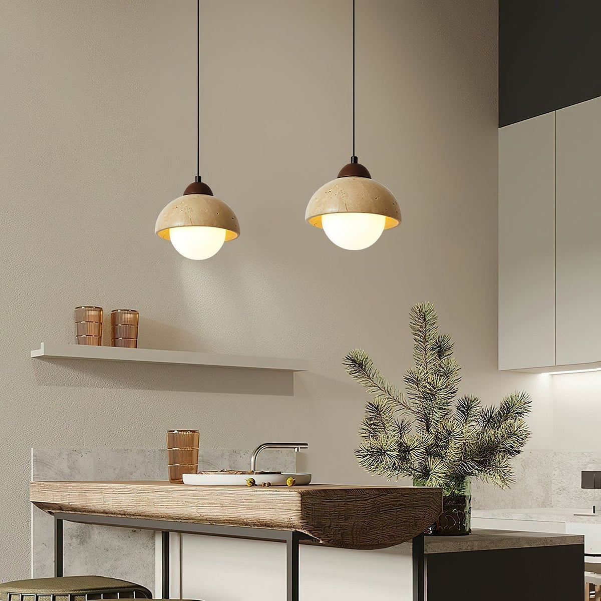 Lunex ronde hanglamp van geel travertin