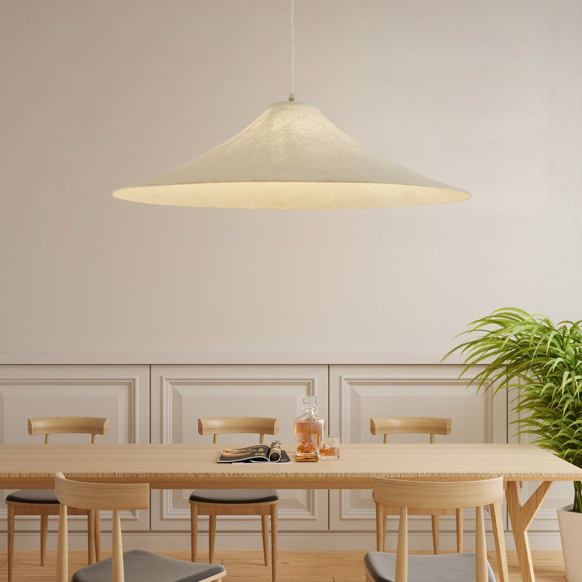Abbotswell Moderne minimalistische hanglamp met vlakke kap van natuurlijk materiaal