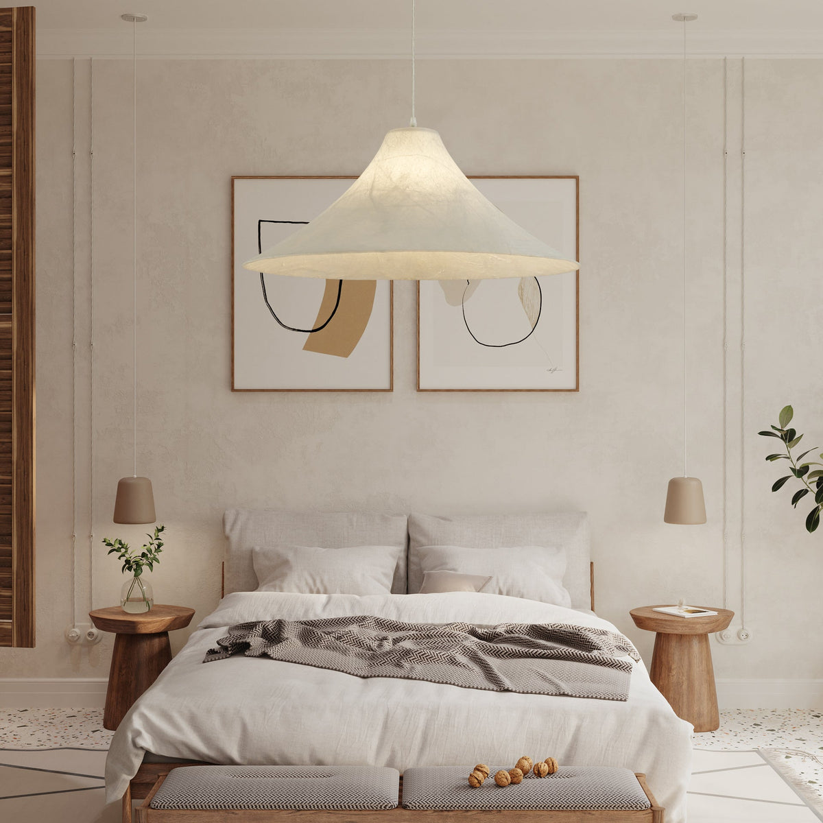 Abbotswell Moderne minimalistische hanglamp met vlakke kap van natuurlijk materiaal